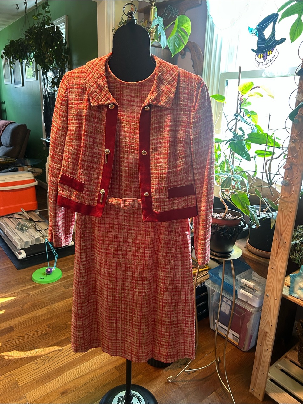 Vintage Classic Red Plaid Tweed Jacket and Dress Set Size 16
